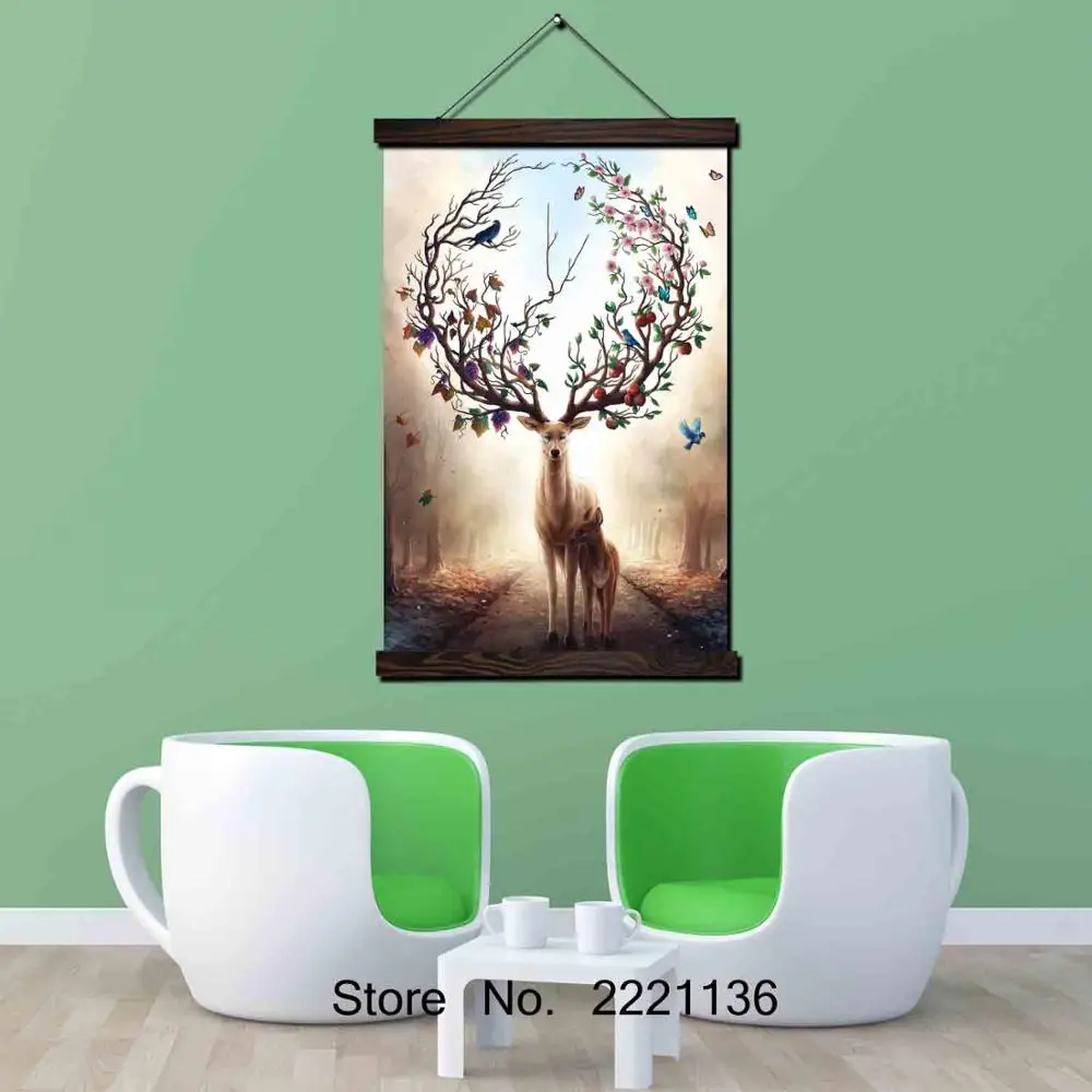 

Sika Deer with Baby Framed Scroll Painting HD Wall Art Hanging Canvas Painting HD Printed Pictures for Living Room Decoration