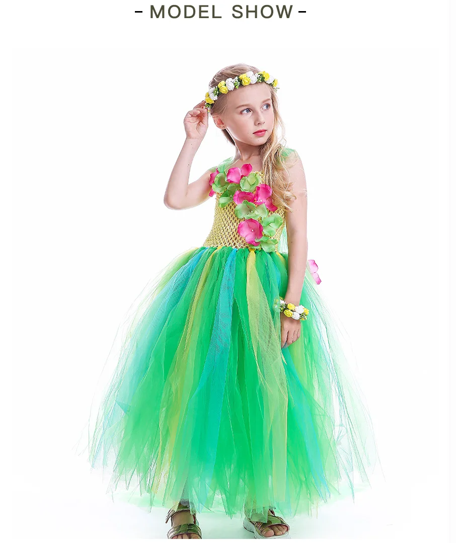 Green Flower Girls Elsa Tutu Dress Purim Cosplay Halloween Costume Kids Birthday Party Dresses Fever Inspired Handmade Dress (5)
