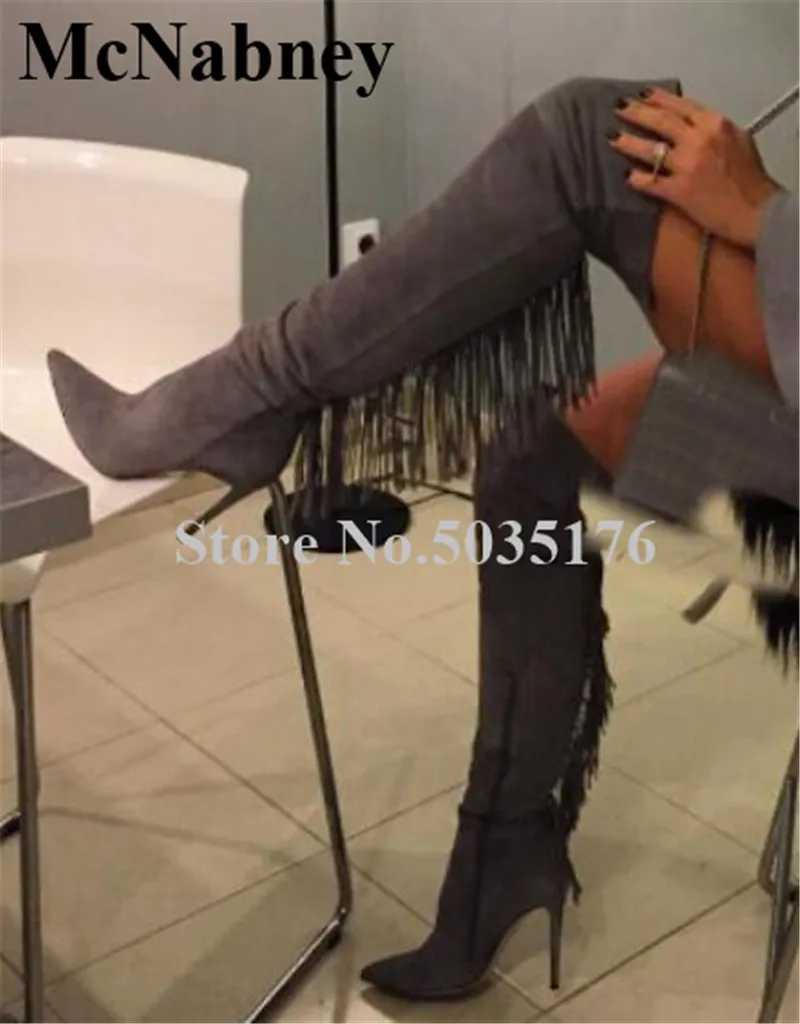 

European Women Sexy Flock Fringe Pointed Toe High Stiletto Heels Over Knee Western Boots Zip Slim Gray Long Boots Women Shoes