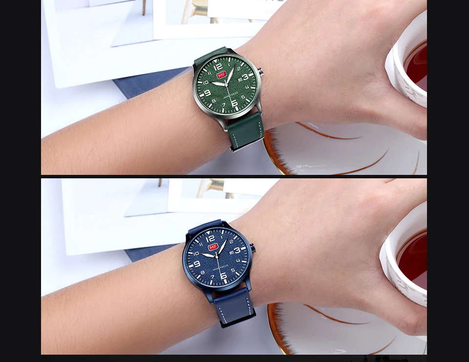 Мини фокус модные повседневные часы Мужские кварцевые часы из натуральной кожи ремешок зеленый циферблат часы «арабский номер» отображение даты relogio masculino