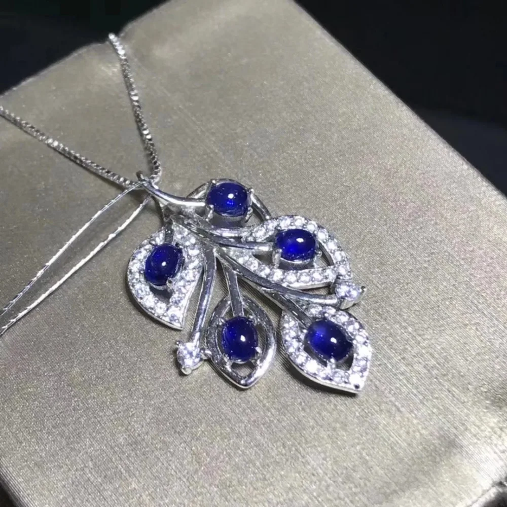  Collier pendentif en forme de feuille de saphir bleu naturel collier en argent naturel S925 collier