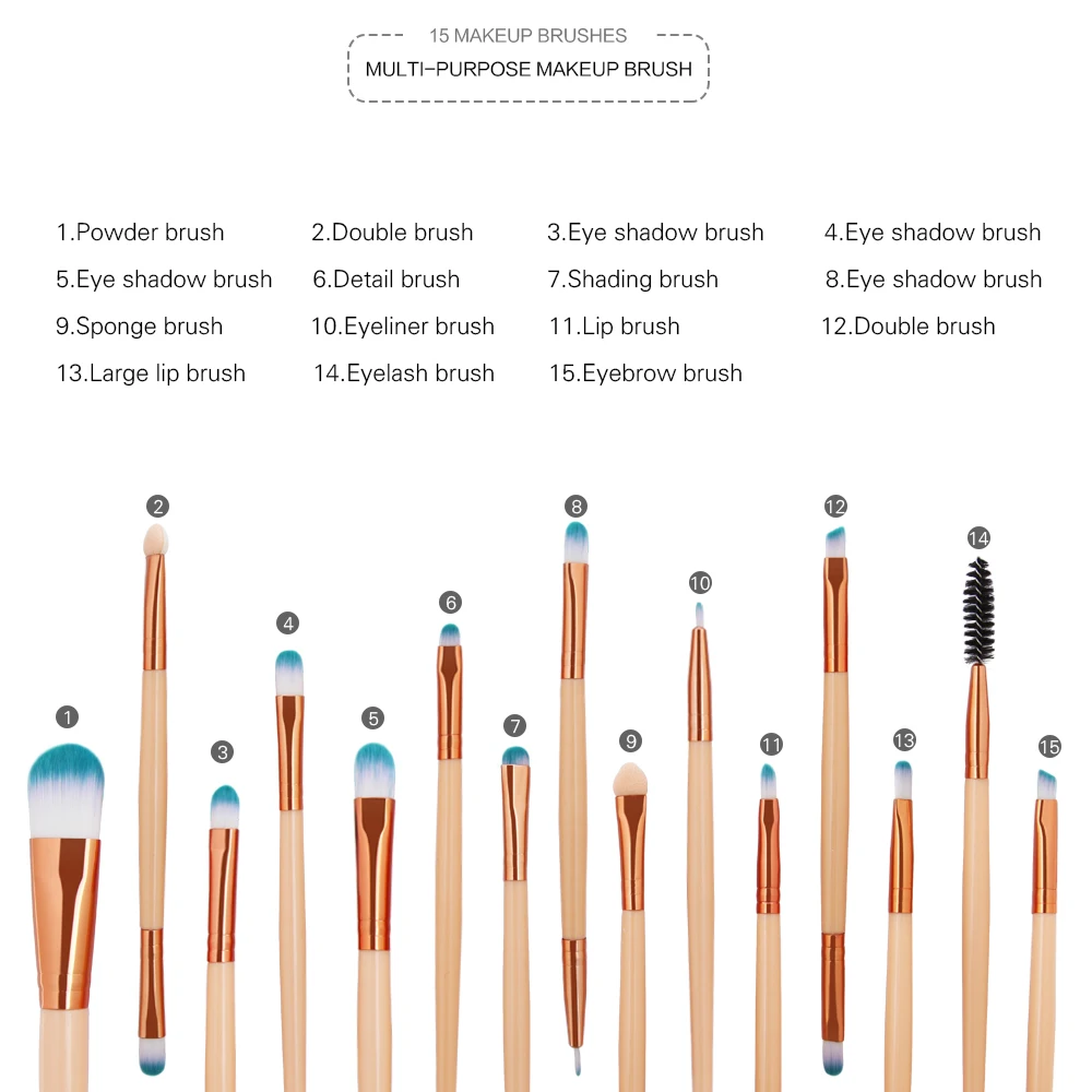 15 шт. Профессиональный набор кистей для макияжа, пудра, основа, тени для век, бровей, губ, консилер, хайлайтер, кисть для декоративной косметики, набор инструментов