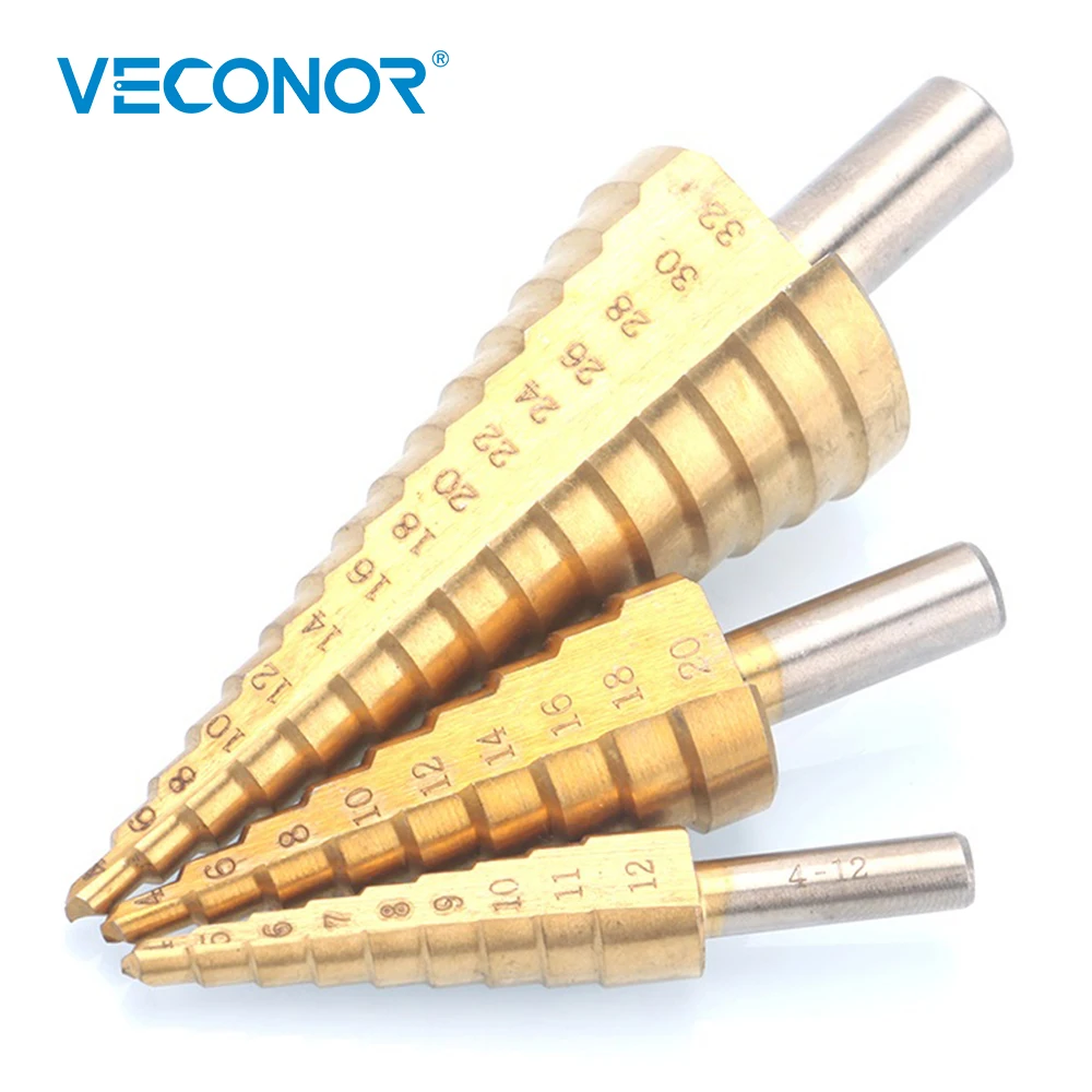 Veconor 3 pcs impact HSS step cone drill bit titanium nitride coated hole cutter tool set round shank