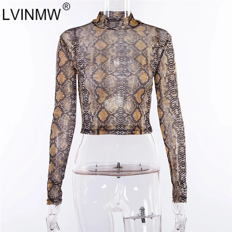 LVINMW, сексуальный змеиная кожа, короткий топ с принтом, весна, Женская облегающая футболка с длинным рукавом и высоким воротом, Женский Топ, уличная одежда, футболки
