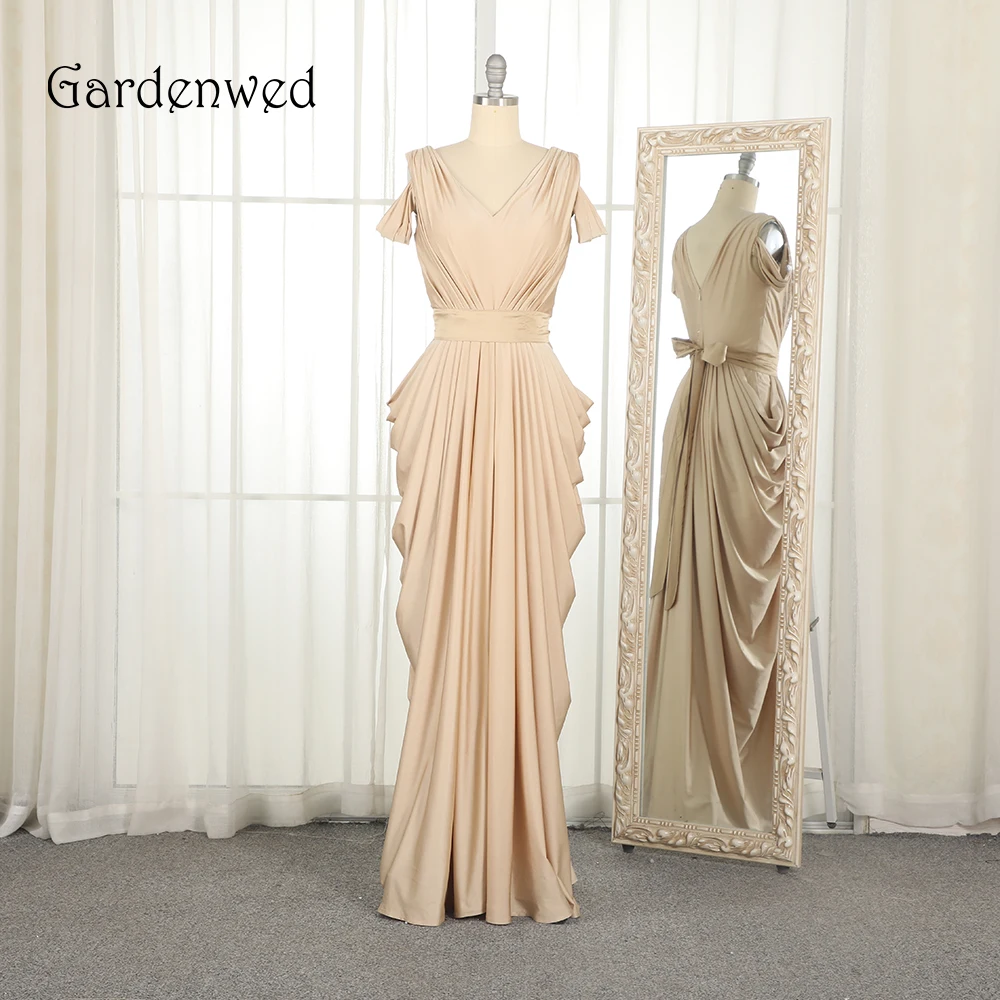 Элегантное вечернее платье цвета шампанского с v-образным вырезом, плиссированное длинное женское вечернее платье, вечерние платья