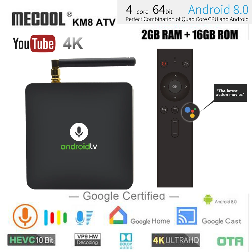 

MECOOL Smart TV BOX Android 8.0 2+16 DDR3 H.265 4K Bluetooth 4.2 Google KM8 ATV Voice Control Set Top Box Youtube HDMI 2.0 S905X