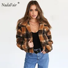 Nadafair Женщины Тедди пальто мода старинные плед искусственная Меховая куртка пальто карманов обувь с плюшевой подкладкой клетчатое пальто зимняя куртка женские
