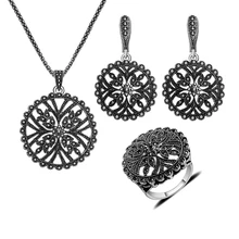 Nueva Moda de Joyería de Plata Antiguo Plateado collar Set Joyería de La Vendimia Negro Rhinestone Ahueca Hacia Fuera los Grandes Conjuntos de Collar Redondo de La Flor