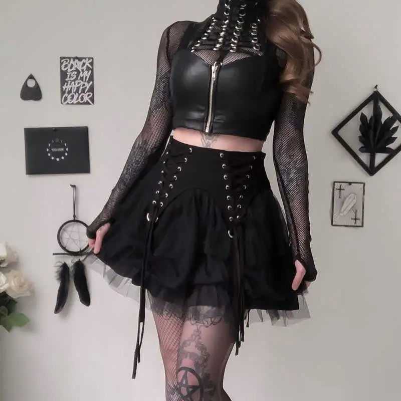 

Women Summer Gothic Tutu Skirt Steampunk Mesh Net Lolita High Waist Clubwear Harajuku Mini Skirt Lace Up Pleated Short Skirt