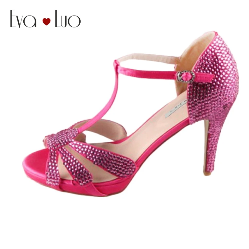 CHS200/розовые свадебные туфли с Т-образным ремешком на заказ Цвета Фуксии женские туфли на высоком каблуке модельные босоножки Обувь для выпускного бала Большие размеры DHL