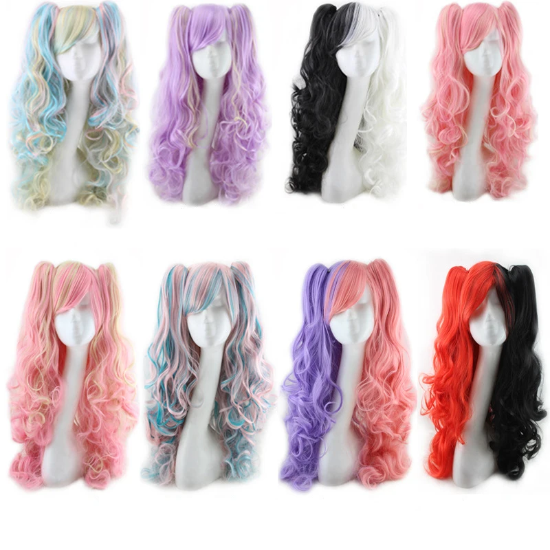 

60 Cm Harajuku Lolita Wig Anime Cosplay Curly Wavy Clip On 2 Ponytails Synthetic Hair Many Colors Mixed Peruca Peruke H024