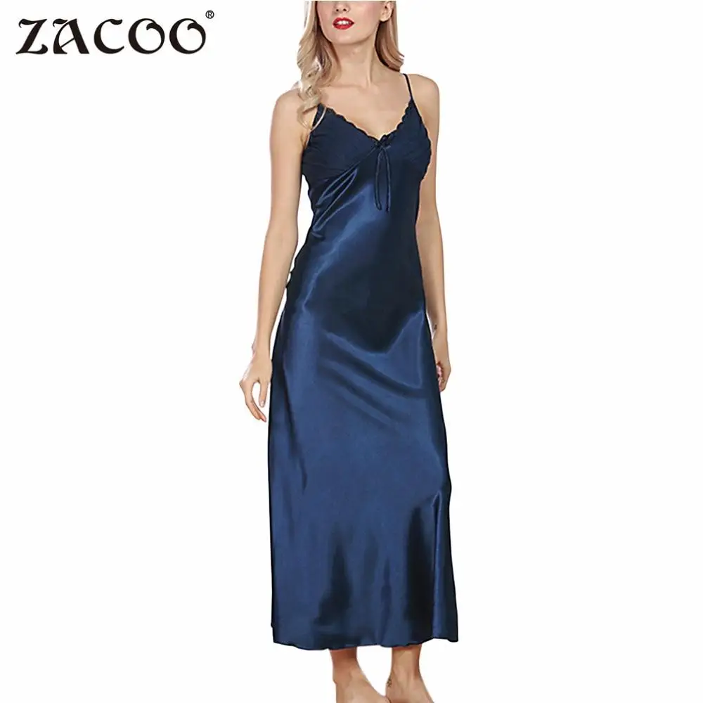 ZACOO Для женщин сексуальные шелк имитация V шеи Sling сбоку Разделение тонкий ночное dress2017 Мягкая рукавов осень пижамы платье zk25