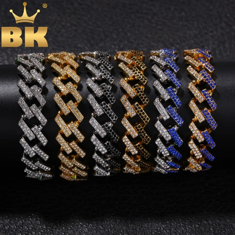 

THE BLING KING Fashion Mens Bracelet Full Iced Out Rhinestones 15mm Prong Cuban Link Blue/black Multi-colored Hiphop Bracelets