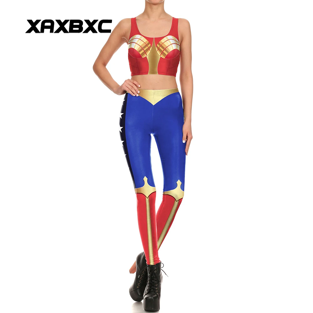 

NEW 1692 Sexy Girl leggins Comic Wonder Woman Avengers Cosplay Prints Women Leggings Crop Top Vest bra Sets Fitness Workout Suit