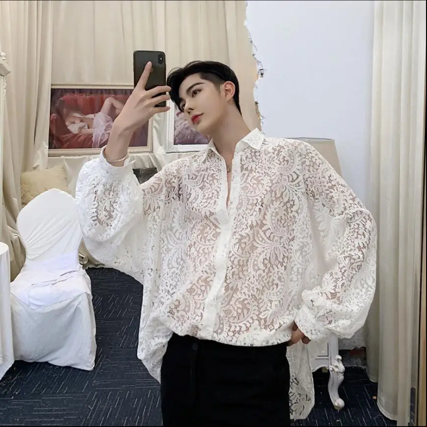 

Spring And Summer Designer Sexy Hollow Cut Flower Lace Shirt Tide Brand Men's Fashion Loose Shirt Hairstylist Nightclub Clothing