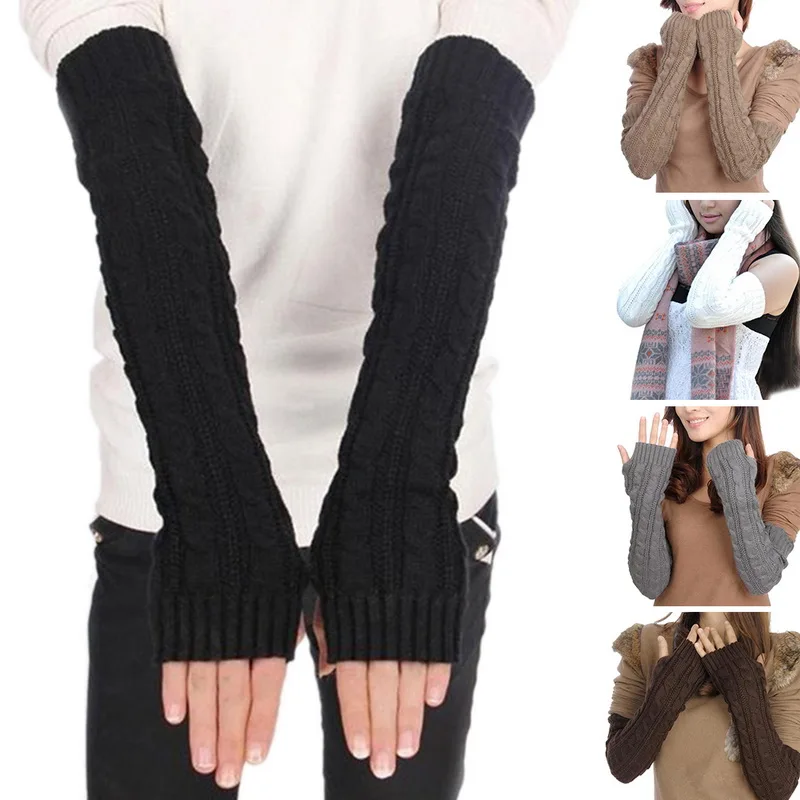 

HEFLASHOR Women's wool long arm sleeves knit long gloves super long half finger twist gloves sleeves pointed finger sleeve