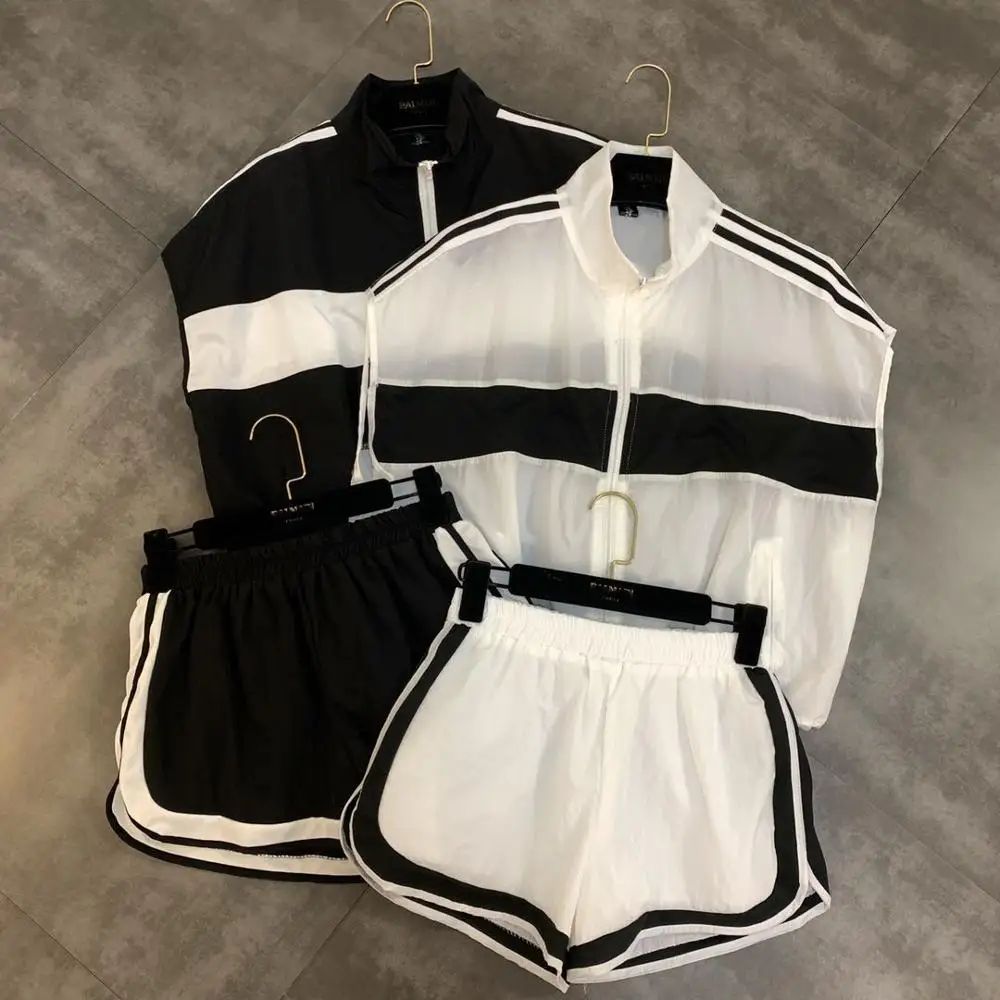 

2019 Summer New Stand Collar Sleeveless Color Matching Vest T With Shorts Trend Suit Female Set