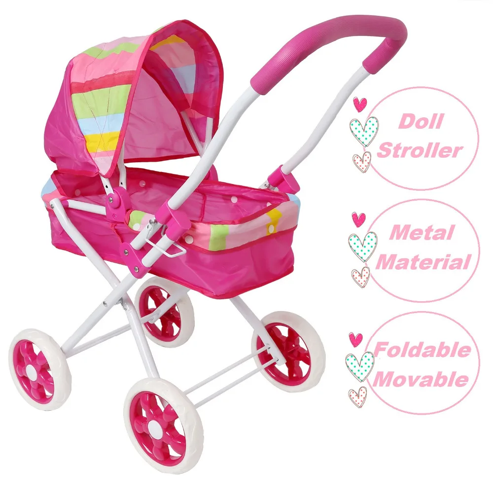 Pink Baby Stroller for Dolls Foldable Metal Pram Pushchair for Doll