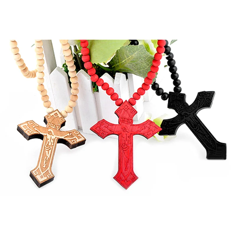 

Brand Hip Hop Wood Cross Necklace Colares Femininos Vintage Long Beads Chain Jesus Pendant Necklace Women Jewelry Gift Colar