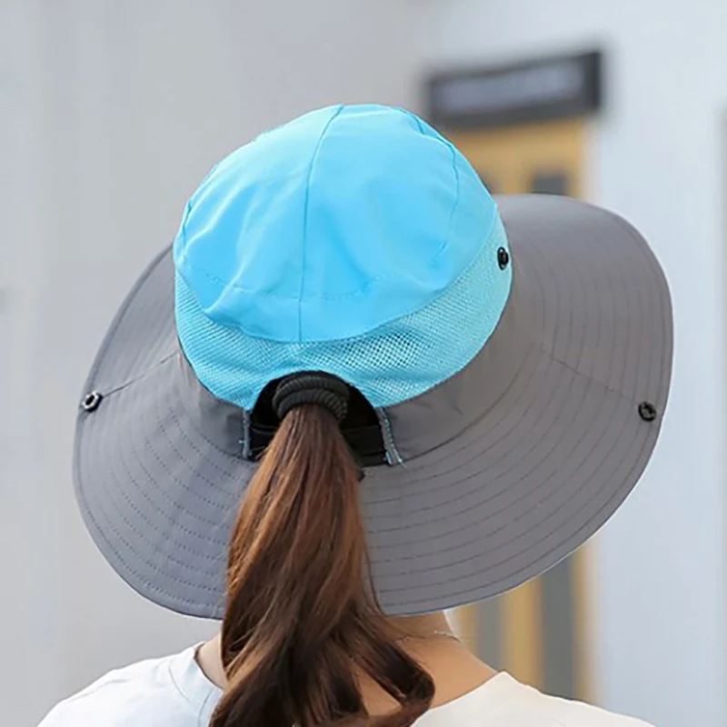 Outdoor Hiking Wide Brim Bucket Hat Women Quick Drying Breathable Packable Sunshade UV-proof Ponytail Cap With Chain Strap