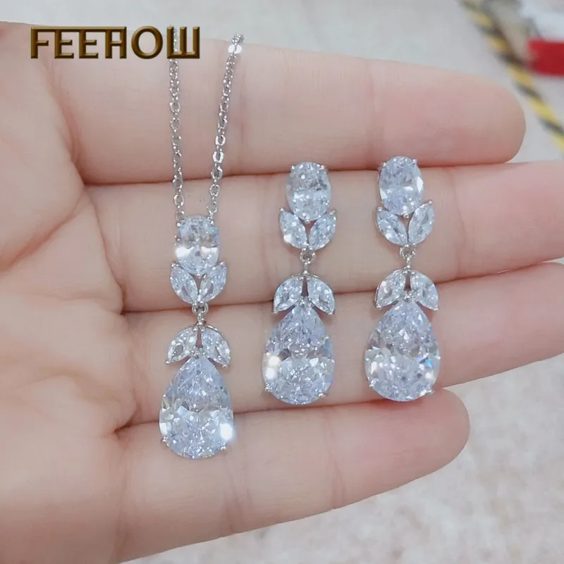 FEEHOW Новое поступление CZ циркониевые висячие серьги в форме листа Модные