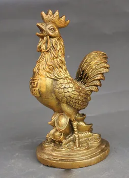 

China FengShui Brass Wealth YuanBao Coin Zodiac Cock Rooster Statue Sculpture