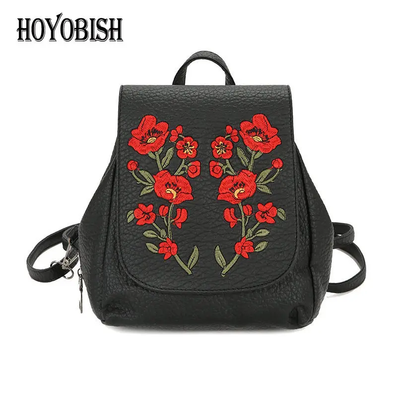 HOYOBISH PU Leather Backpack School Bags For Teenager Girls Embroidery Backpacks Rucksack Shoulder Bags Travel Mochilas