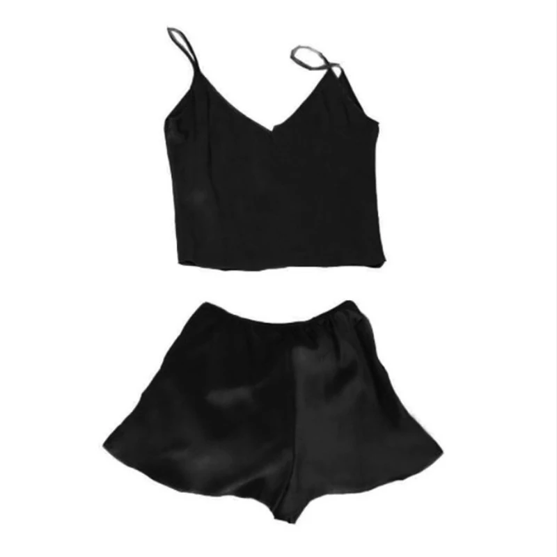 

2019 New Ladies Fashion Emulation Silk Halter Shirt + Shorts Pajamas Soft 2pcs Set
