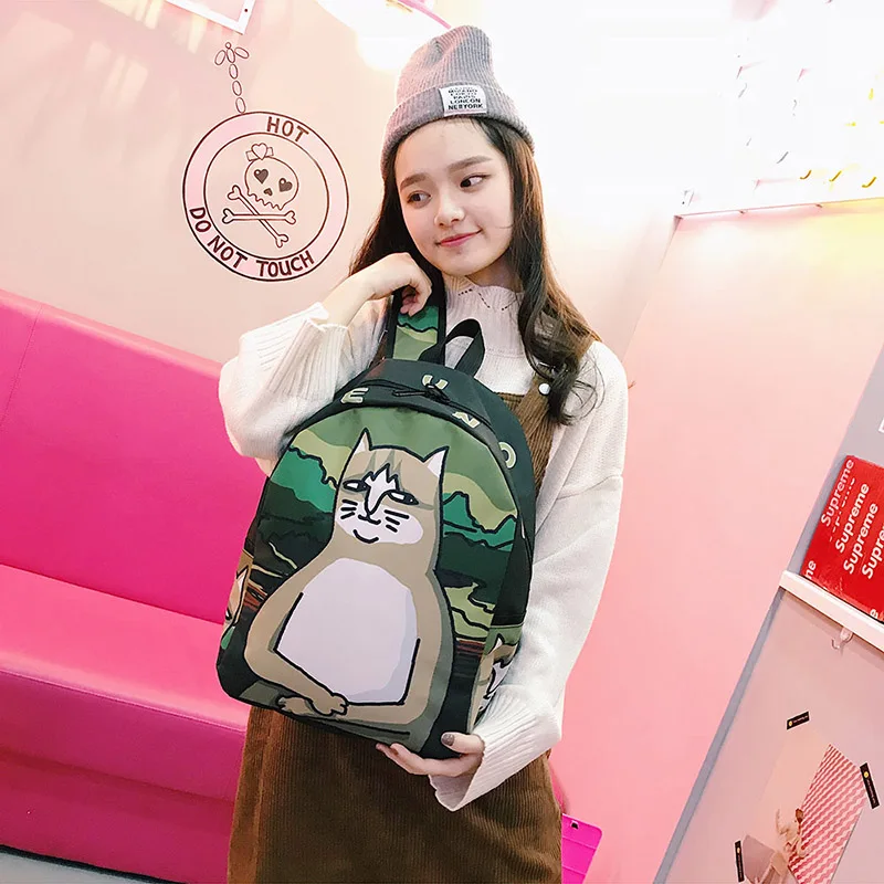 Menghuo Lovely Cat Printing Backpack Women Canvas Backpack School Bags for Teenagers Ladies Casual Cute Rucksack Bookbags (34)