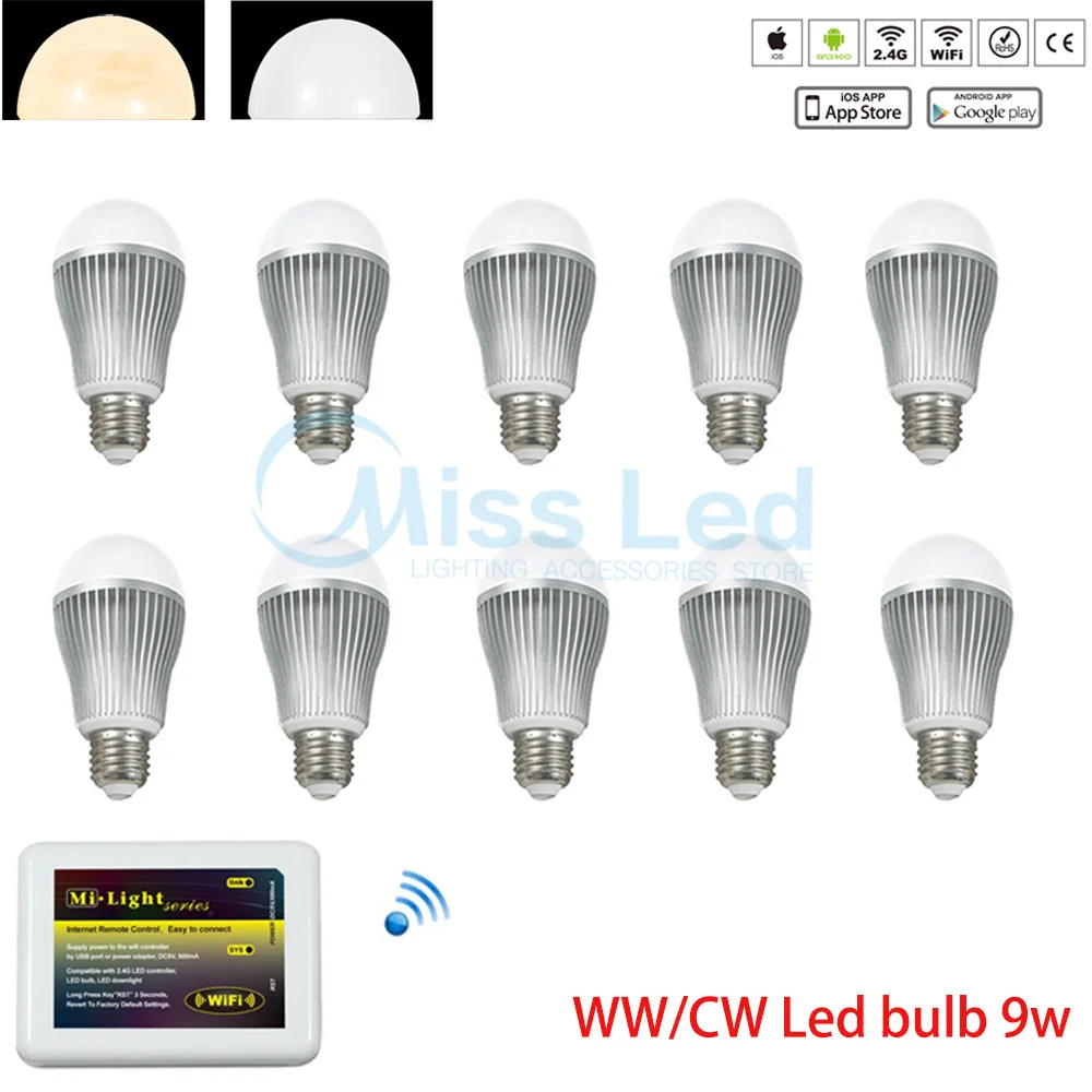 

8 pcs  9w E27 Wifi Bulb RGB Warm/Cold White Dimmable + Mi light wifi wireless RF For Light Lamp Bulb via IOS Android phone app