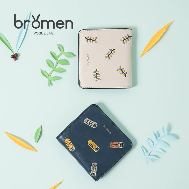 

BROMEN Womens Wallets and Purses Short PU Leather Wallet Portefeuille Femme Embroidery Female Fresh Hasp Coin Purse Slim Wallet