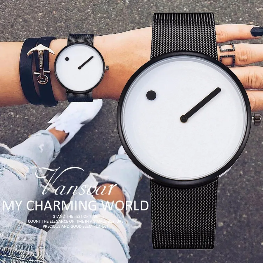 

Creative Design Dot and Line Simple Face Quartz Watches Women Men Mesh Band Wristwatches Vansvar Brand Montre Femme Dropshipping