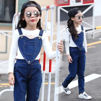 

Girls' Autumn New Children Casual Denim Trousers Pants All-match Slim Love Shape Overalls Trousers Blue