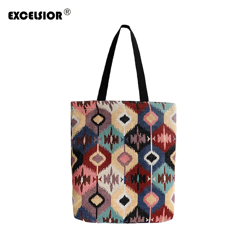 

EXCELSIOR New Women's Handbag Female Line Panelled Pattern Tote Printing Canvas Beach Bags For Girls Bag Bolsos Mujer 2019