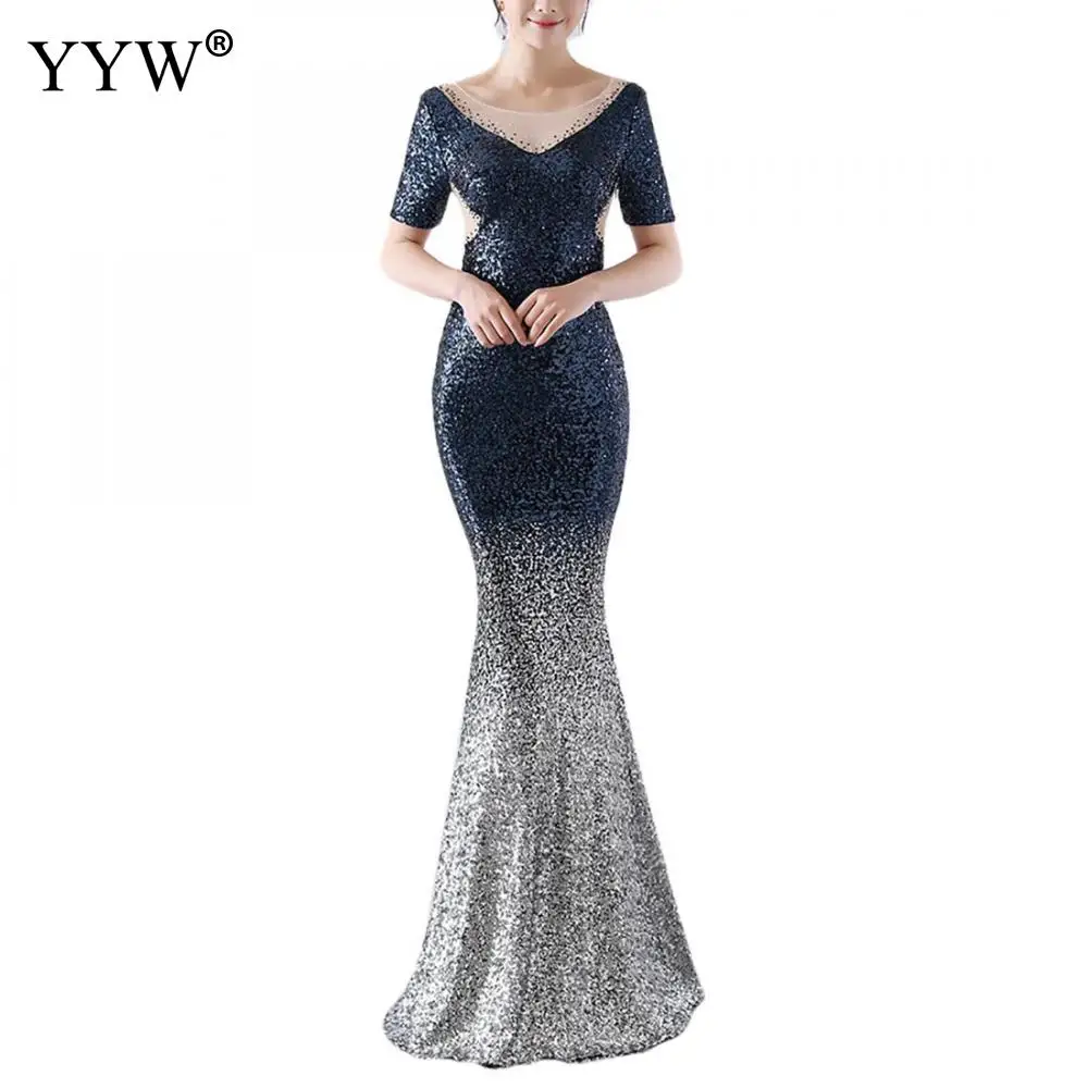

Luxury Gradient Sequined Long Mermaid Dresses Elegant Party Vestidos Women Mesh Backless Slim Sexy Club Night Wear Formal Gowns