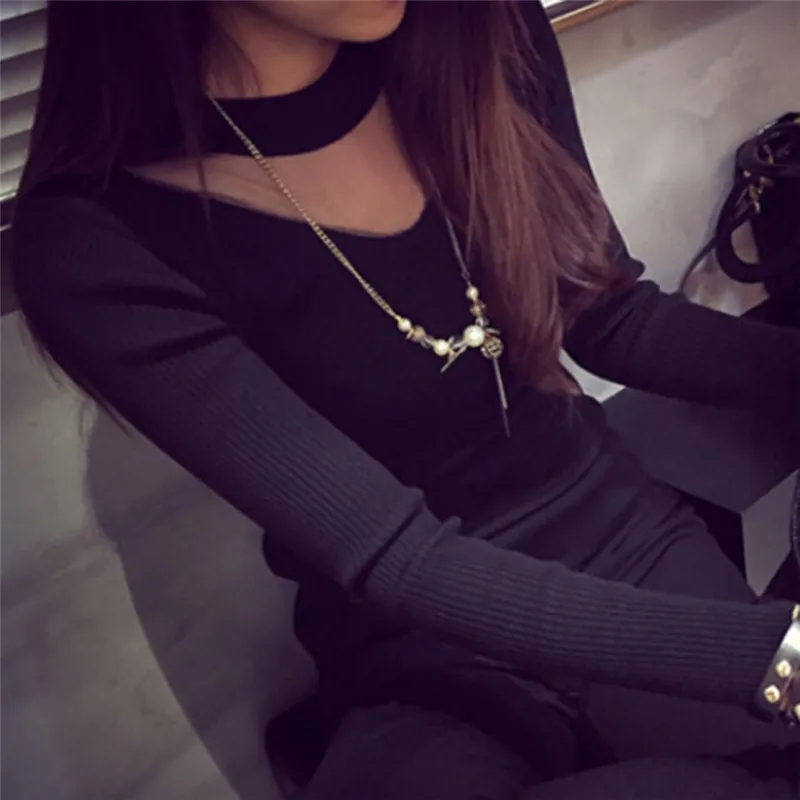 

Women Knitwear Slim Sweaters And Pullovers Sexy O-Neck Long Sleeve Solid Mesh Sheer Splicing Shirts Tops Sweater 3 Colors