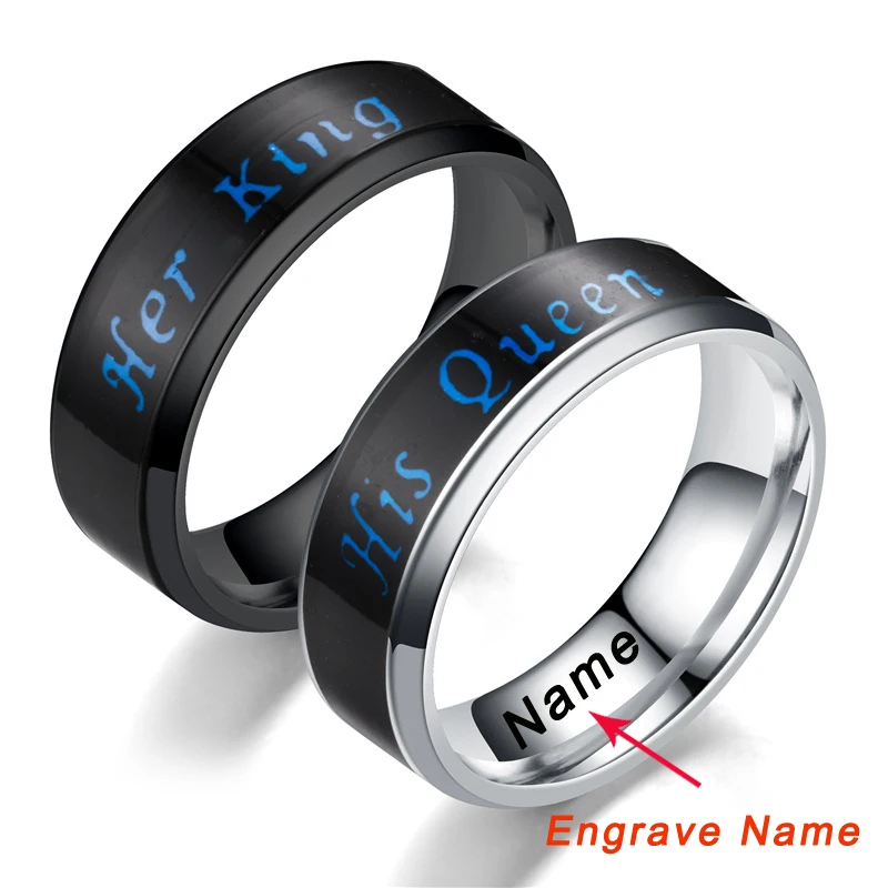 

Fashion Custom Engrave Name Temperature Display Her King & His Queen Ring Stainless Steel Mens Signet Rings Couple Jewelry