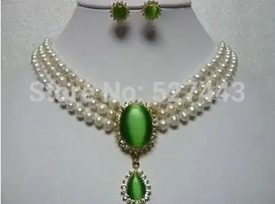 

Hot sell Noble- Wholesale beautiful white pearl green opal earrings pendant necklace set (A0423)