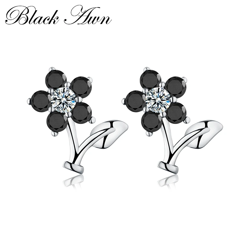 

[BLACK AWN] 100% Genuine 925 Sterling Silver Jewelry Flower Black Spinel Wedding Stud Earrings for Women Silver 925 Jewelry T033