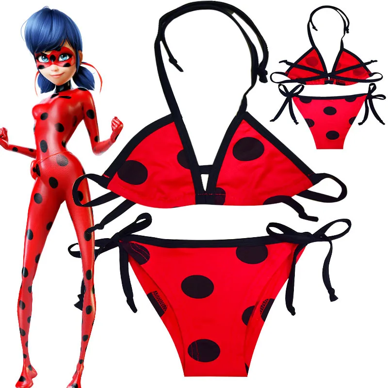 

Hot Girls Ladybug Cosplay Costumes Kids Lady bug Bikini Swimming Suits Children dot red Swimsuit Milk Silk Two-pieces Bikini COS