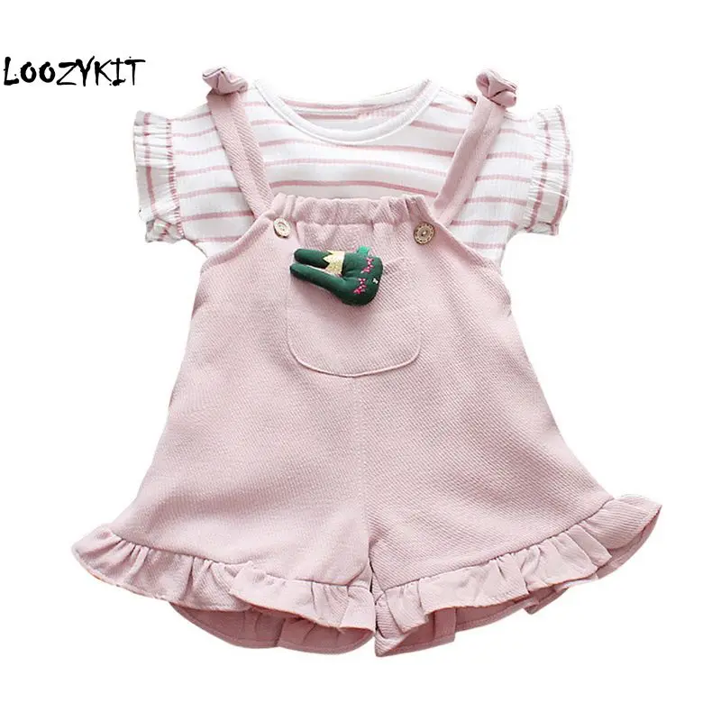 Loozykit Baby Girl Clothes Summer Cartoon Cute Short Sleeved T-shirts + Bib Pants Newborn Baby Girl Clothes Kids Infant Suits
