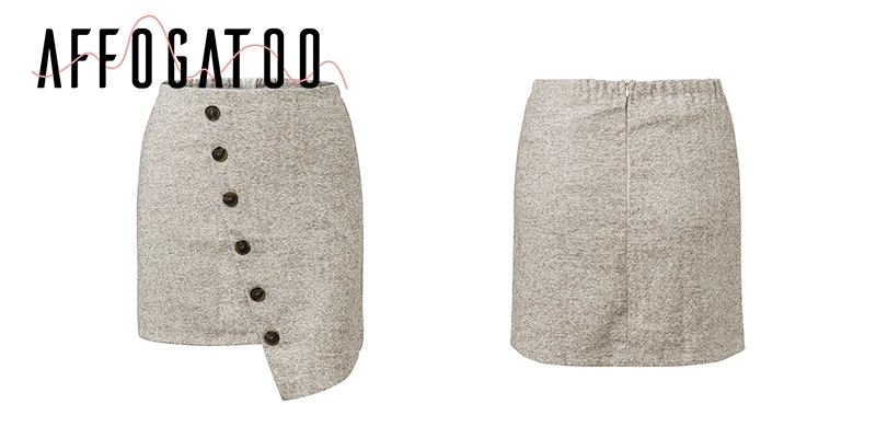 Affogatoo Asymmetric button tweed mini skirt women A line zipper high waist skirt Casual Autumn winter short skirt