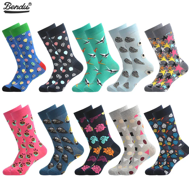 BENDU 10 пар/лот, мужские носки, модные, забавные, цветные, длинные носки, чёсаный хлопок, носки для свадьбы, повседневные, деловые, нарядные носки - Цвет: No6