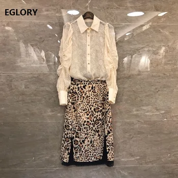 

Two Piece Set 2019 Summer Fashion Clothing Suit Women Pleated Flower Long Sleeve Shirt+Leopard Print Mid-Calf Skirt Set Female