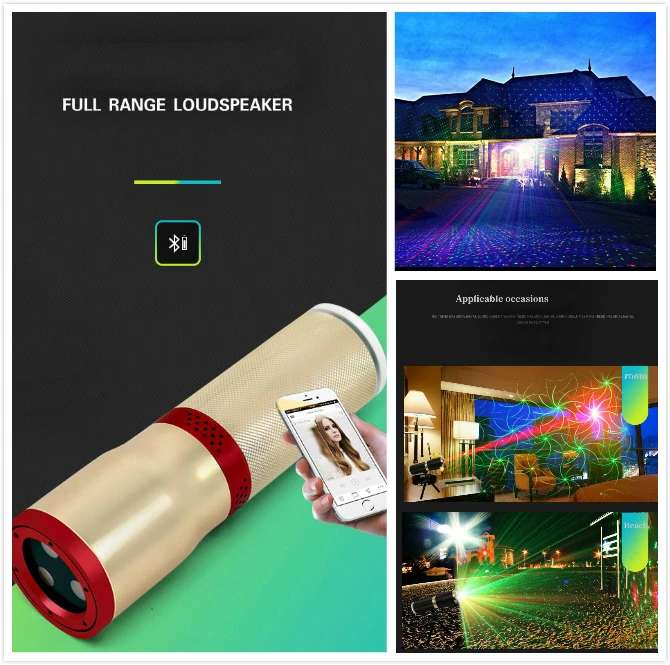 

Portable 360 Degree HD Bluetooth Speaker, Red Green Blue Star Laser Projector Rechargeable Battery Powered,DJ disco for party