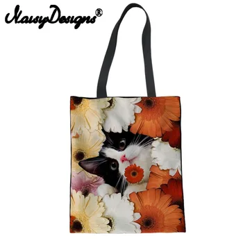 

NOISYDESIGNS 3D animals and Flowers printed Reusable Canvas Shopping Bags for Women cute Tote Folding Linen pouch Eco Handbags