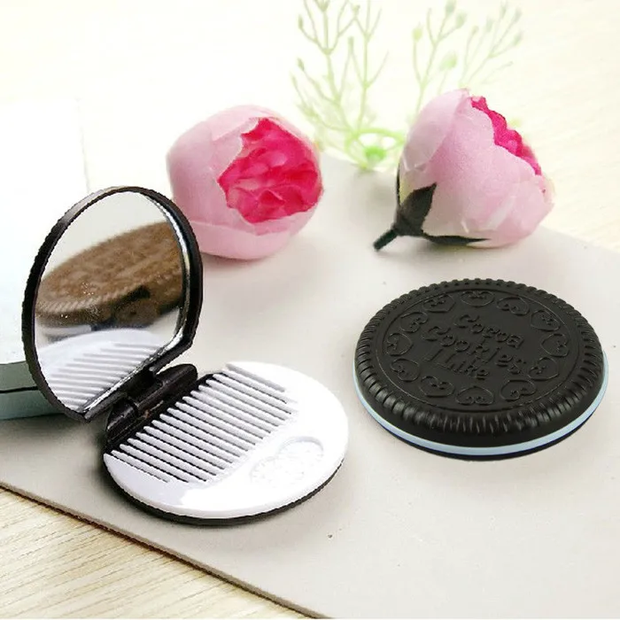 

New arrivals Women Makeup Tool Pocket Mirror Makeup Mirror Mini Dark Brown Cute Chocolate Cookie Shaped With Comb Lady#3.14