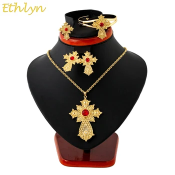 

Ethlyn Ethiopian Rhinestone Cross Jewelry Set Gold Color Necklace/Earrings/Ring/Bangle Habesha Africa Wedding Gifts S110