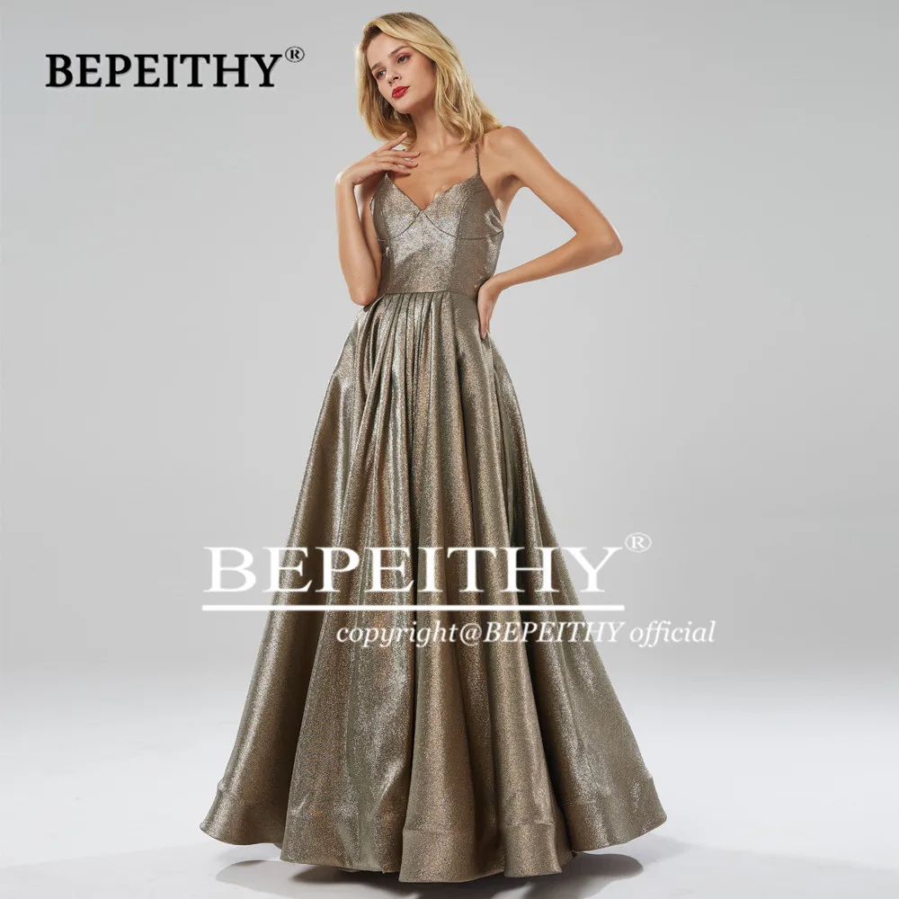 BEPEITHY сексуальные длинные платья с открытой спиной для выпускного вечера Robe De Soiree v-образный вырез блестящая ткань вечернее платье Новинка