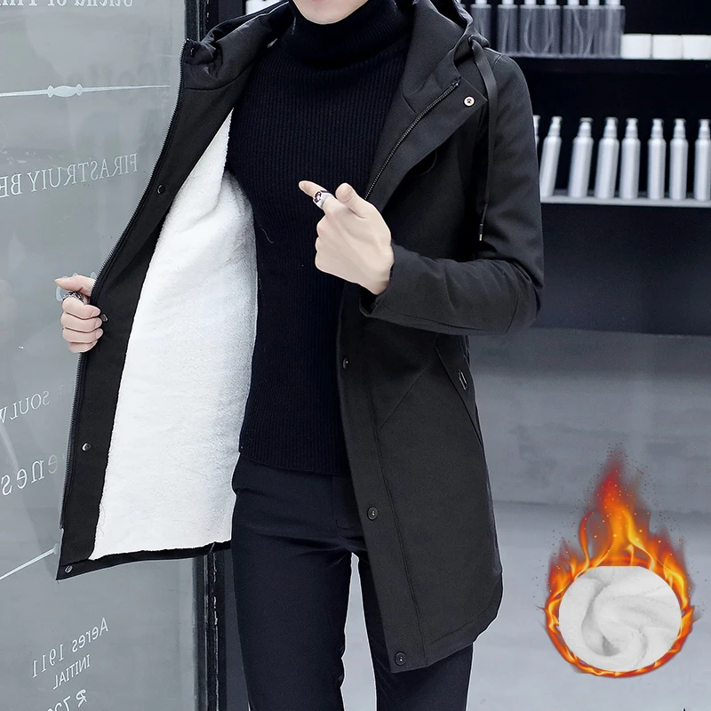 

Loldeal Thickening plus velvet warm windbreaker jacket men solid color casual hooded Slim youth Outwear